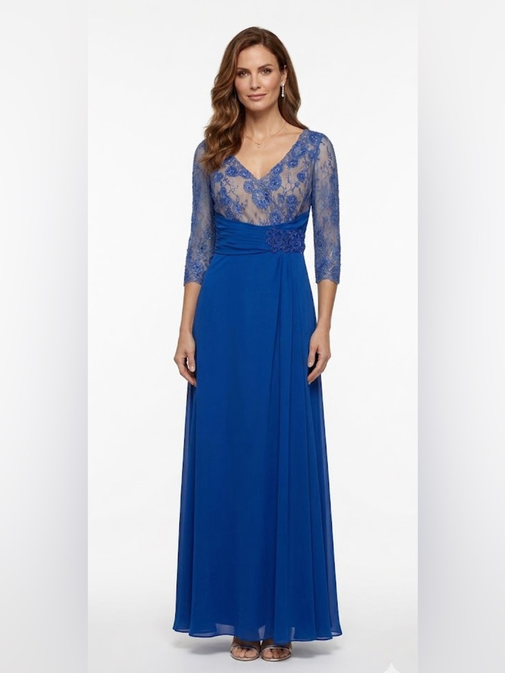 Pronovias Beaded Lace Floral 3/4 Sleeve Full Length Formal Maxi Gown Size 12